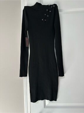 No Boundaries Black Ribbed Lace-Up Mock Neck Long Sleeve Bodycon Dress
